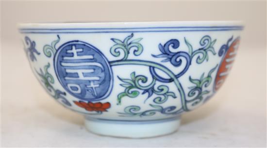 A Chinese doucai shou medallion bowl, bearing a Jiajing six character seal mark, 14cm